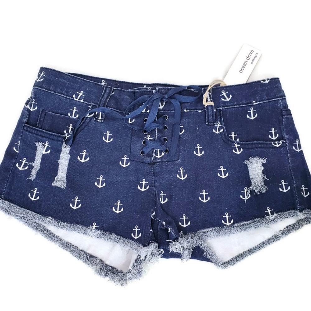 ⚓️Ocean Drive Nautical Denim Lace Up Distressed Novelty Anchor Print Size 3 NWT